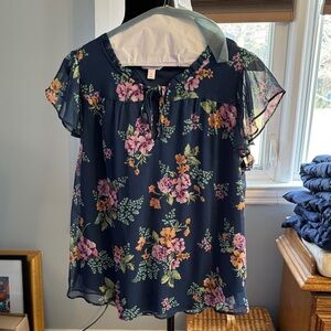 LC Lauren Conrad Navy Floral Tie-Neck Flutter Sleeve Blouse